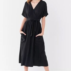 UO Gabrielle Black Linen Midi Wrap Dress